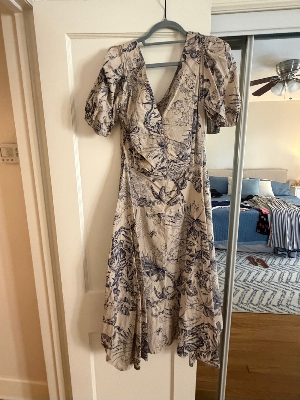 Beige Floral Midi Dress with Navy Print - Women